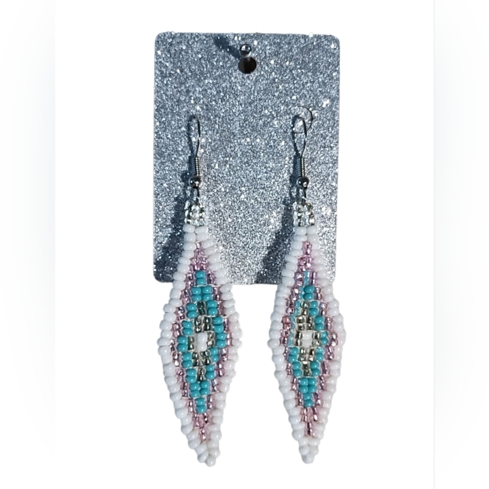 White and Pink Geometric Earrings with Intricate Beadwork